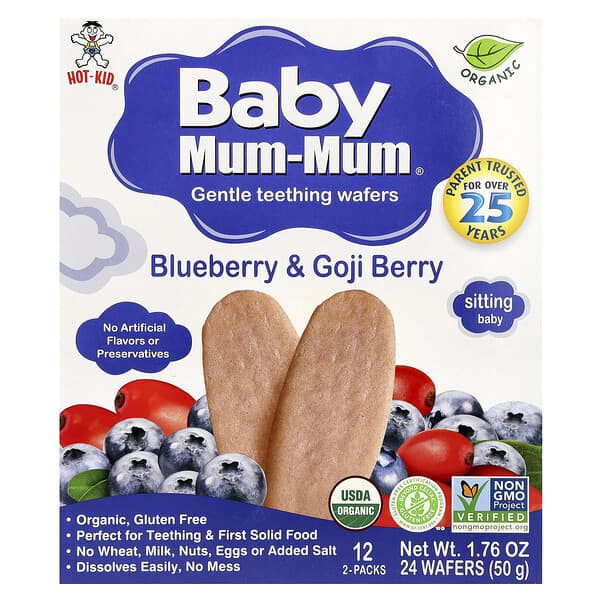 Hot Kid, 베이비 Mum-Mum®, 부드러운 치아 발육 웨이퍼, 블루베리 및 구기자 열매, 12팩, 웨이퍼 각 2개