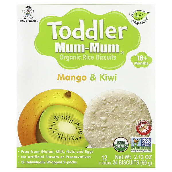 Hot Kid, 토들러 Mum-Mum®, 유기농 쌀 비스킷, 생후 18개월 이상, 망고 & 키위, 12팩, 각 2개