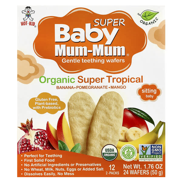 Hot Kid, Baby Mum-Mum® 슈퍼, 치발을 위한 순한 웨이퍼, 유아용, 유기농 슈퍼 트로피컬, 12팩, 각 2개입