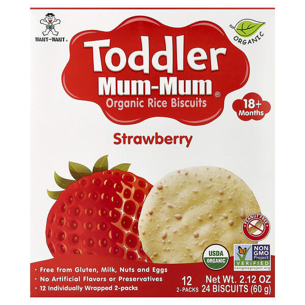 Hot Kid, 토들러 Mum-Mum®, 유기농 쌀 비스킷, 생후 18개월 이상, 딸기, 12팩, 각 비스킷 2개