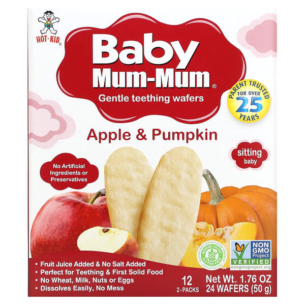 Hot Kid‏, Baby Mom-Mum, ופלים עדינים לבקיעת שיניים, תפוח ודלעת, 12 חבילות, 2 וופלים כל אחת