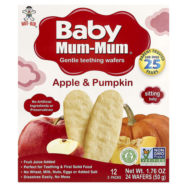 Hot Kid, 베이비 Mum-Mum®, 부드러운 치아 발육 웨이퍼, 사과 & 호박, 12팩, 웨이퍼 2개