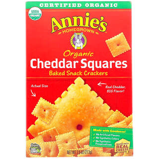 Annie's Homegrown, Cuadrados de queso cheddar orgánico, Galletas saladas horneadas, 213 g (7,5 oz)