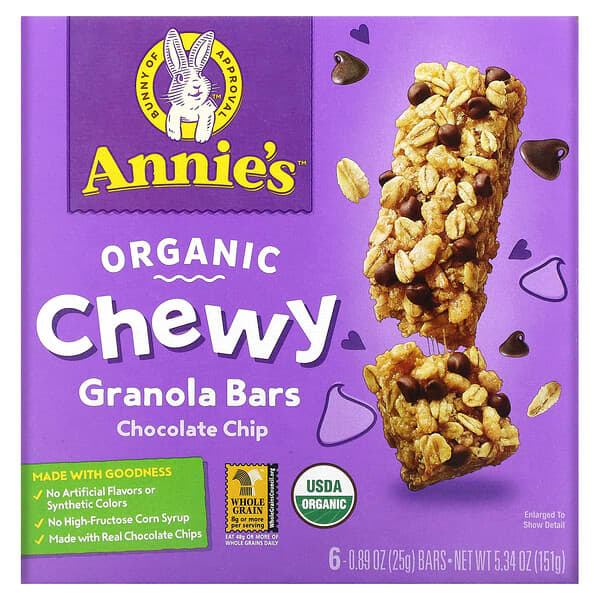 Annie's Homegrown, オーガニック チュウイー グラノーラバー、チョコレートチップ、6本、各25g（0.89オンス）