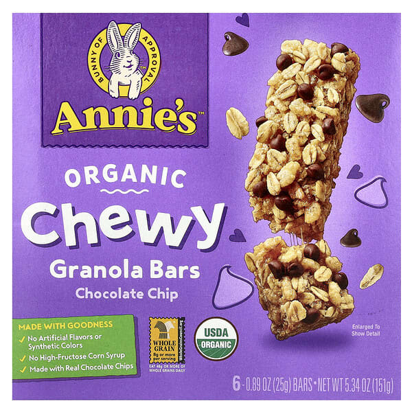 Annie's Homegrown, Organic Chewy Granola Bars, Chocolate Chip, 6 Bars, 0.89 oz (25 g) Each