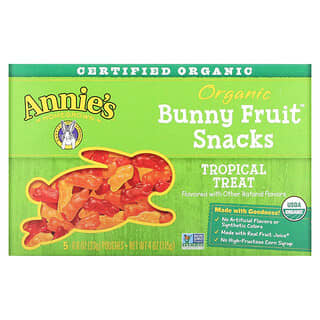 Annie's Homegrown, Bocadillos orgánicos de frutas de conejo, Bocadillo tropical, 5 sobres, 23 g (0,8 oz) cada uno