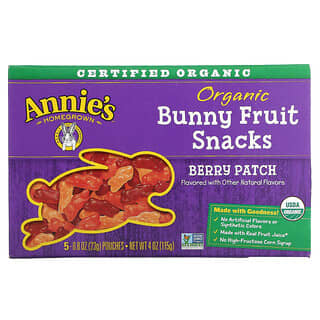 Annie's Homegrown, Snacks Frutales Orgánicos de Conejitos Bunny Fruit, Frutos Rojos, 5 Bolsitas, 0.8 oz (23 g) c/u