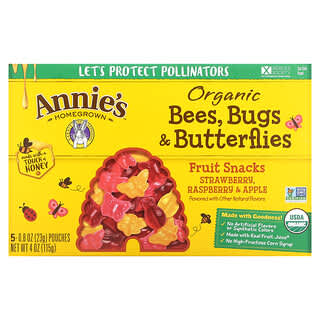 Annie's Homegrown, Organic Bees, Bugs & Butterflies Fruit Snacks, Strawberry, Raspberry & Apple , 5 Pouches, 0.8 oz (23 g) Each