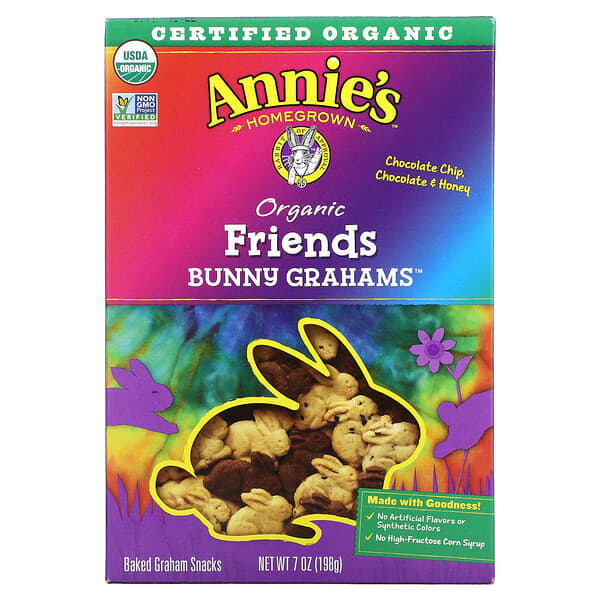 Annie's Homegrown, Organic Friends Baked Bunny Graham Snacks, Chocolate Chip, Chocolate & Honey, 7 oz (198 g)