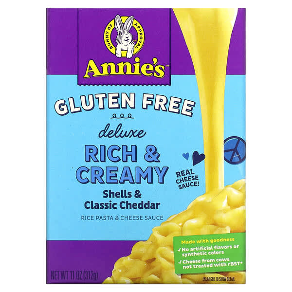 Annie's Homegrown, Delicioso sabor intenso y cremoso, Arroz, pasta y salsa de queso, Conchas y queso cheddar clásico, Sin gluten, 312 g (11 oz)