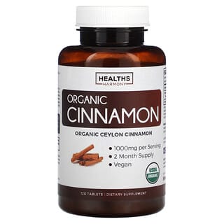 Healths Harmony, Organiczny cynamon cejloński, 1000 mg, 120 tabletek (500 mg na tabletkę)
