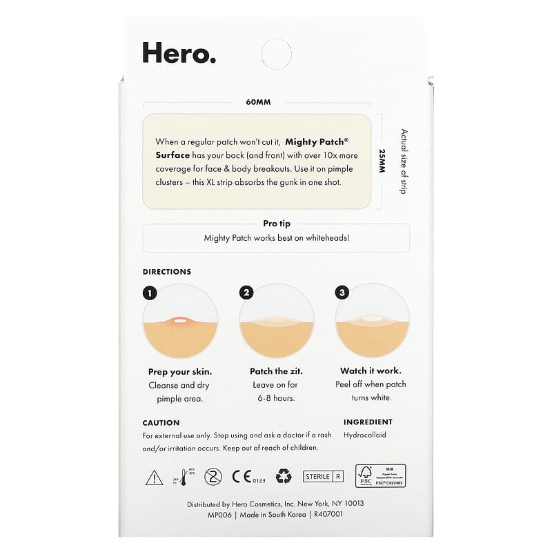 Mighty Patch™ Surface patch from Hero Cosmetics - Hydrocolloid Spot Patch  for Body, Cheek, Forehead, and Chin, Vegan-friendly (10 Count)