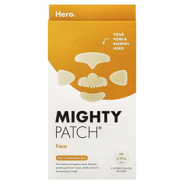 Hero Cosmetics, Mighty Patch®, 얼굴용, 지성, 복합성 피부, 하이드로콜로이드 패치 5개