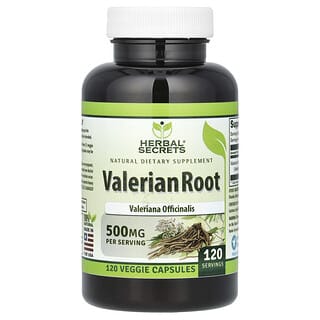 Herbal Secrets, Raíz de valeriana, 500 mg, 120 cápsulas vegetales