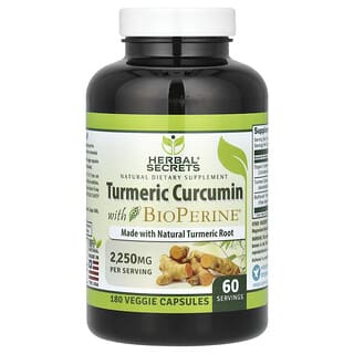 Herbal Secrets, Curcumina de Cúrcuma com BioPerine, 1.500 mg, 180 Cápsulas Vegetais (750 mg por Cápsula)