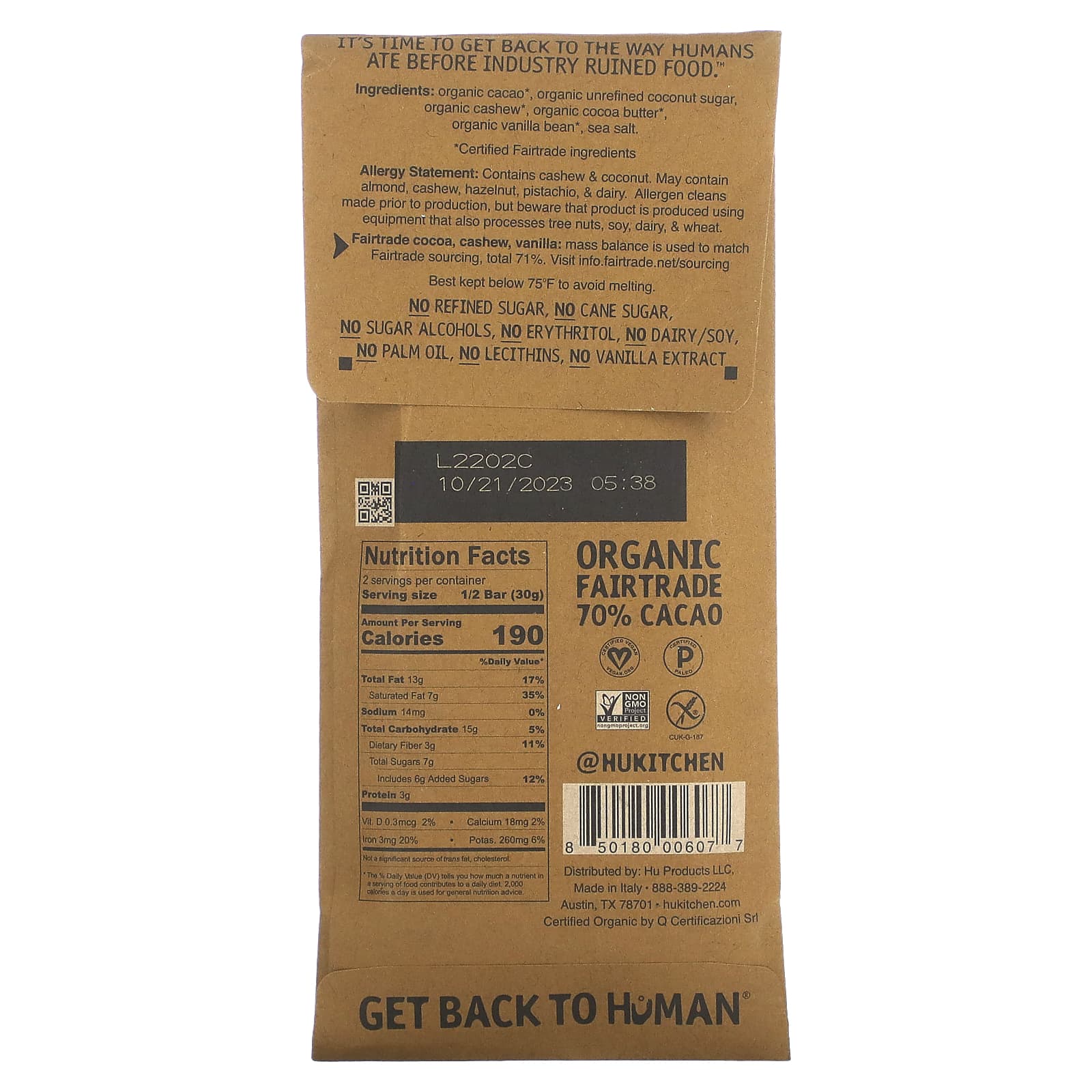 Hu, Cashew Butter + Pure Vanilla Bean Dark Chocolate, 2.1 oz (60 g)