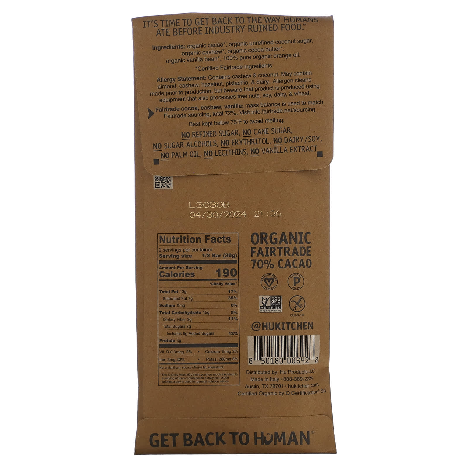 Hu, Dark Chocolate Bar, Organic 70 Cacao, Cashew Butter + Orange