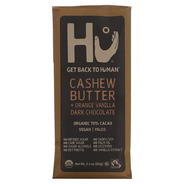 Hu, 黑巧克力棒，70% 有機可可粉，腰果黃油 + 橙香草味，2.1 盎司（60 克）