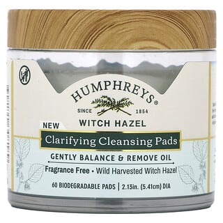Humphreys, Witch Hazel, Clarifying Cleansing Pads, Fragrance Free, 60 Biodegradable Pads