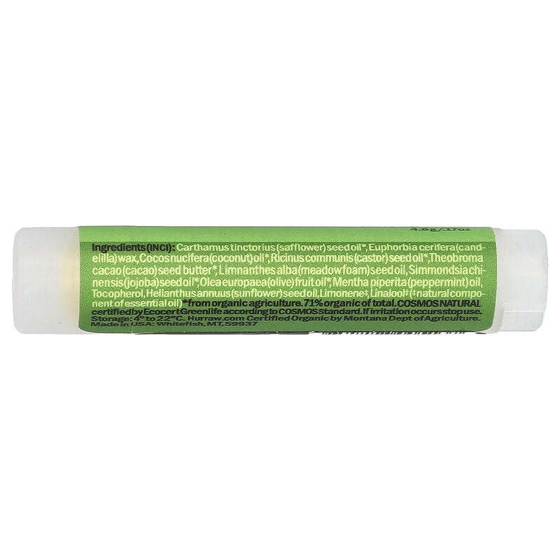 Hurraw! Lippenpflegestift Minze – 100 % Bio, Roh, Fairtrade, 4,3 G, Vegan & Tierversuchsfrei