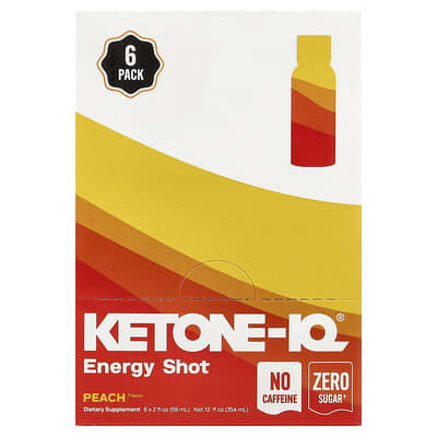 Ketone-IQ, Energy Bombs, Peach Flavor, Caffeine-Free, 6 Bottles, 2 fl oz (59 ml) Each
