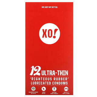Here We Flo, XO! Ultra-Thin, Righteous Rubber Lubricated Condoms, Unscented, 12 Condoms