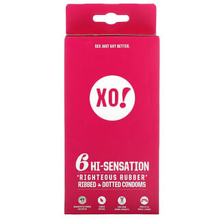 Here We Flo, XO! Righteous Gummi Ribted + Dotted Condoms, gerippte und gepunktete Kondome, geruchsneutral, 6 Kondome