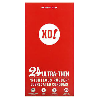 Here We Flo, XO! Ultra-Thin, Righteous Rubber Lubricated Condoms, Unscented, 24 Condoms