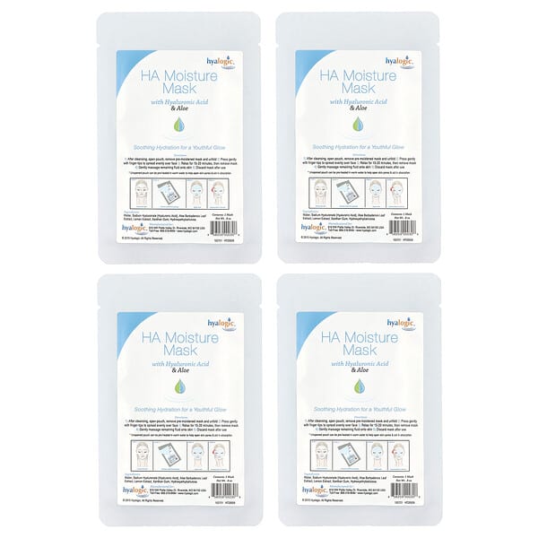 Hyalogic, HA 모이스처 뷰티 마스크, 히알루론산 및 알로에 함유, 향료 무함유, 4매, 각 0.8oz