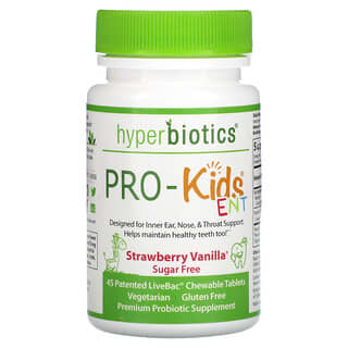Hyperbiotics, PRO-Kids ENT, Sem Açúcar, Morango e Baunilha, 45 Comprimidos Mastigáveis LiveBac® Patenteados