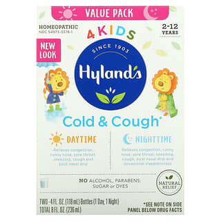 Hyland's, 4 Kids, средство от простуды и кашля, для детей от 2 до 12 лет, упаковка с 2 флаконами для дневного и ночного приема по 118 мл (4 жидк. унции)