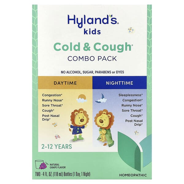 Hyland's Naturals, 어린이용, 감기 및 기침 콤보 팩, 낮시간/야간용, 만 2~12세, 천연 포도, 젖병 2개, 각 118ml(4fl oz)