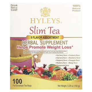 Hyleys Tea, Thé Slim, Assortiment de 9 arômes, 100 sachets de thé dans des sachets en aluminium, 150 g