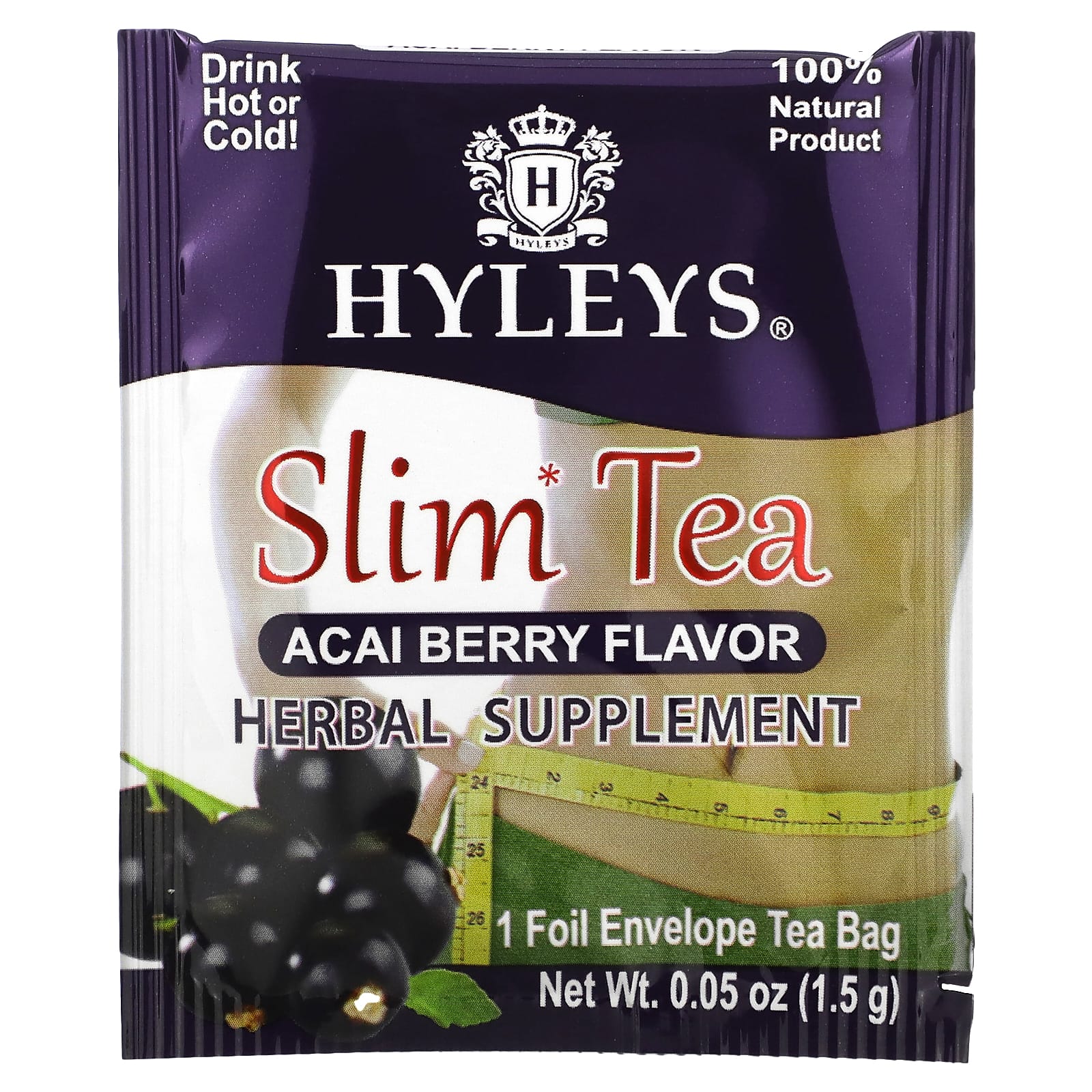 Hyleys Tea, Slim Tea, Acai Berry, 50 Foil Envelope Tea Bags, 0.05 oz (1