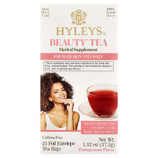 Hyleys Tea, Beauty Tea, Granada, Sin cafeína, 25 bolsitas de té en sobres de aluminio, 37,5 g (1,32 oz)