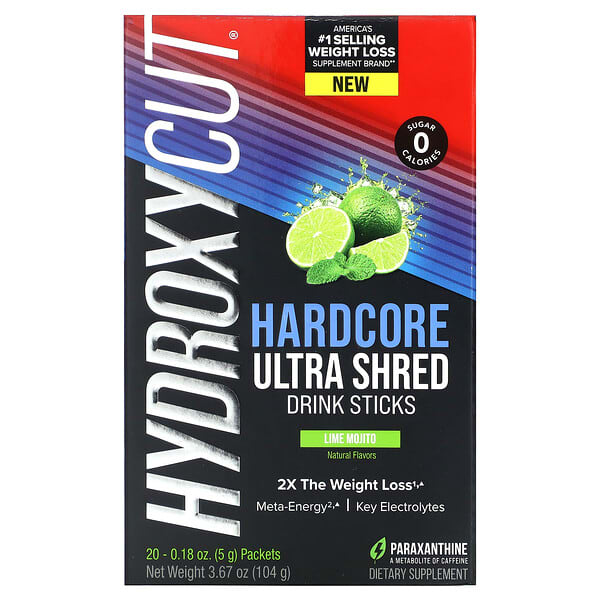 Hydroxycut, Hardcore Ultra Shred Drink Sticks，酸橙味莫吉託，20 條，每條 0.18 盎司（5 克）