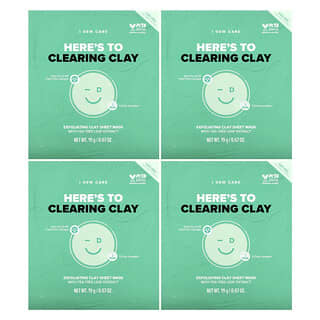 I Dew Care, Here's To Clearing Clay, Masque de beauté à l'argile exfoliante, 4 masques en tissu, 19 g chacun
