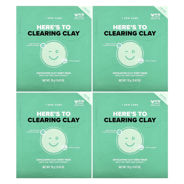 I Dew Care, Here´s To Clearing Clay, Exfoliating Clay Beauty Sheet Mask, 4 Sheet Masks, 0.67 oz (19
