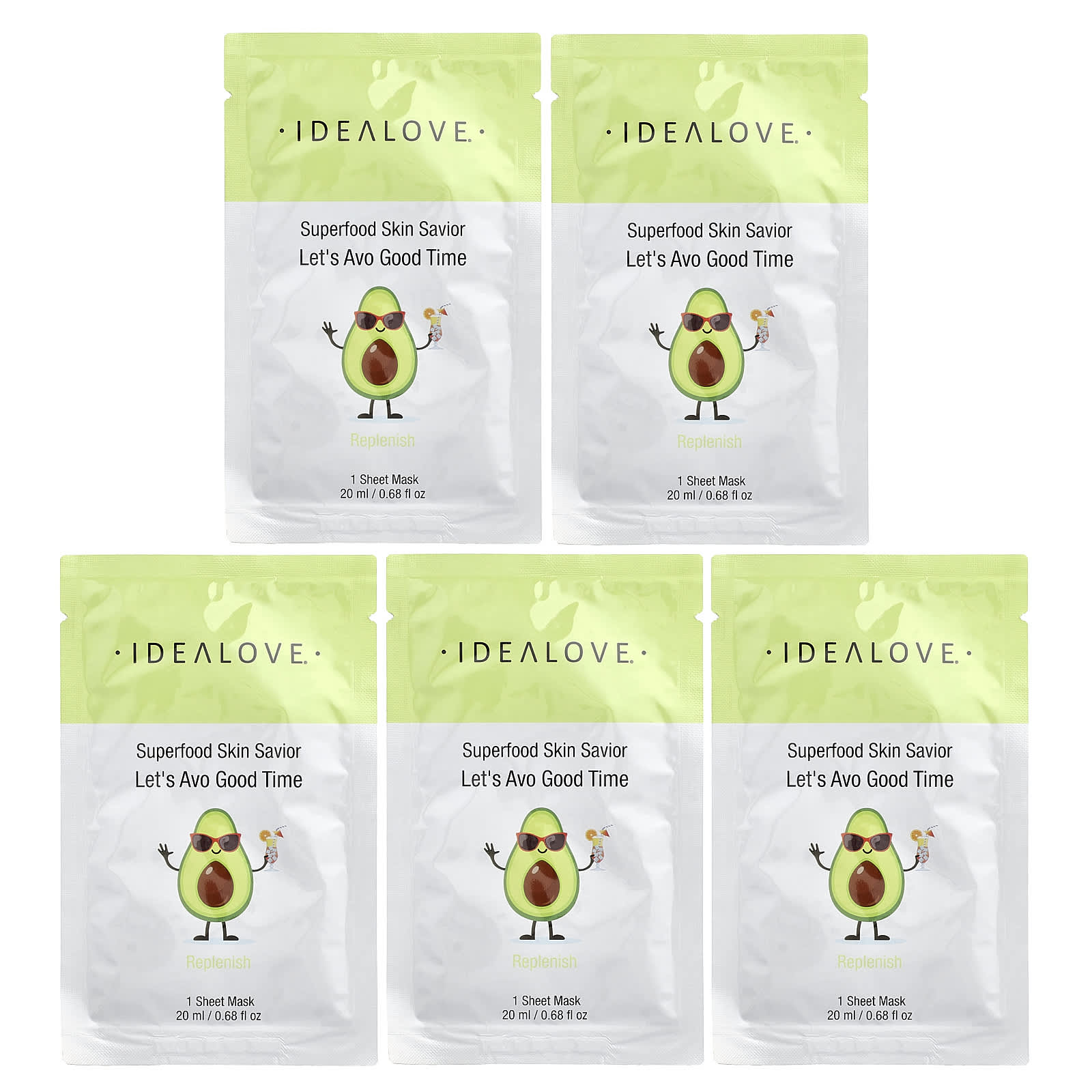 Idealove, Superfood Skin Savior, маска для лица с суперфудами, авокадо, 5 шт. по 20 мл (0,68 жидк. унции)