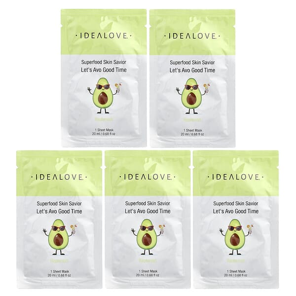 Idealove, 슈퍼 푸드 스킨 세이비어, 렛츠 아보 굿 타임, 뷰티 시트 마스크 5개입, 각 20ml(0.68fl oz)