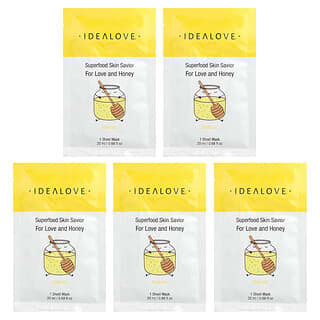 Idealove, Superalimentos de rescate para la piel, Por amor y miel, 5 mascarillas de belleza en lámina, 20 ml (0,68 oz. líq.) cada una