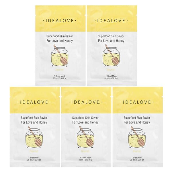 Idealove, 슈퍼 푸드 스킨 세이비어, 포 러브 앤 허니, 뷰티 시트 마스크 5개입, 각 20ml(0.68fl oz)
