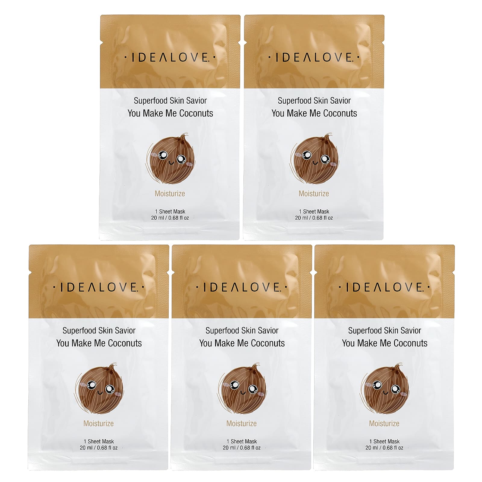 Idealove, Superfood Skin Savior, маска для лица с суперфудами, кокос, 5 шт. по 20 мл (0,68 жидк. унции)