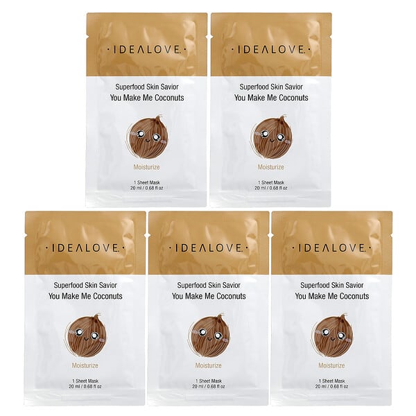 Idealove, 슈퍼 푸드 스킨 세이비어, 유 메이크 미 코코넛츠, 뷰티 시트 마스크 5개입, 각 20ml(0.68fl oz)