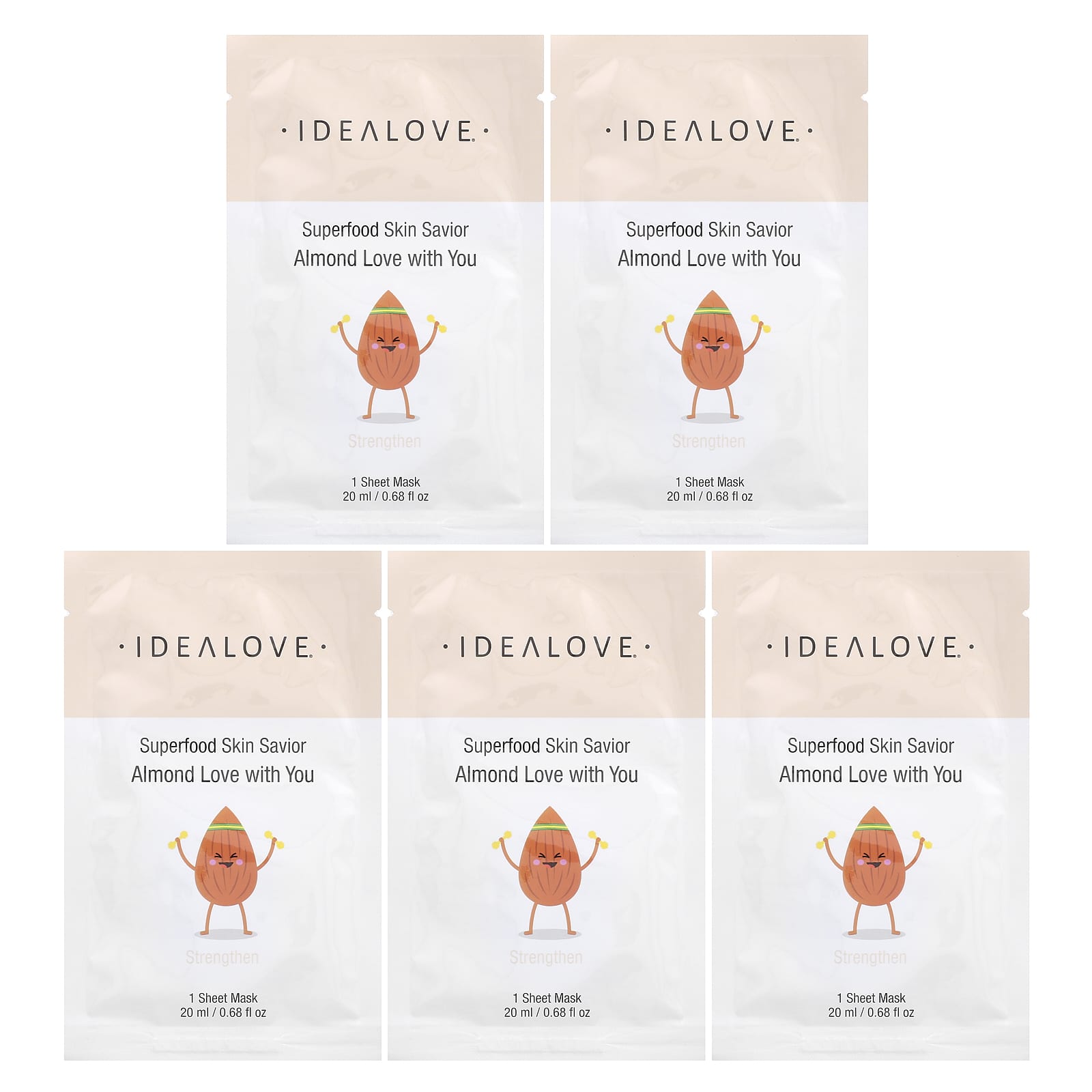 Idealove, Superfood Skin Savior, маска для лица с суперфудами, миндаль, 5 шт. по 20 мл (0,68 жидк. унции)