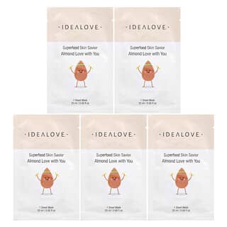 Idealove, Superaliments pour sauver votre peau, Amande, 5 masques de beauté en tissu, 20 ml chacun