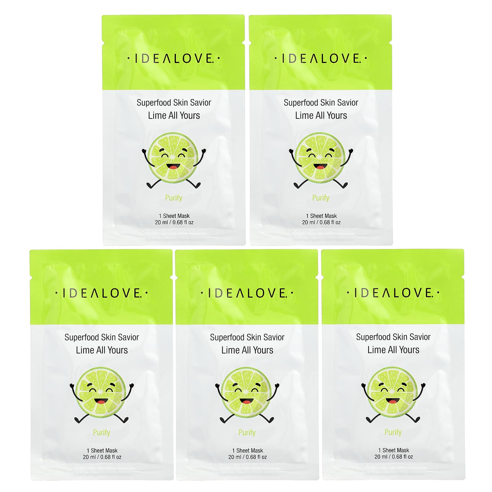 Idealove, Superfood Skin Savior, маска с суперфудами, лайм, 5 шт. по 20 мл (0,68 жидк. унции)