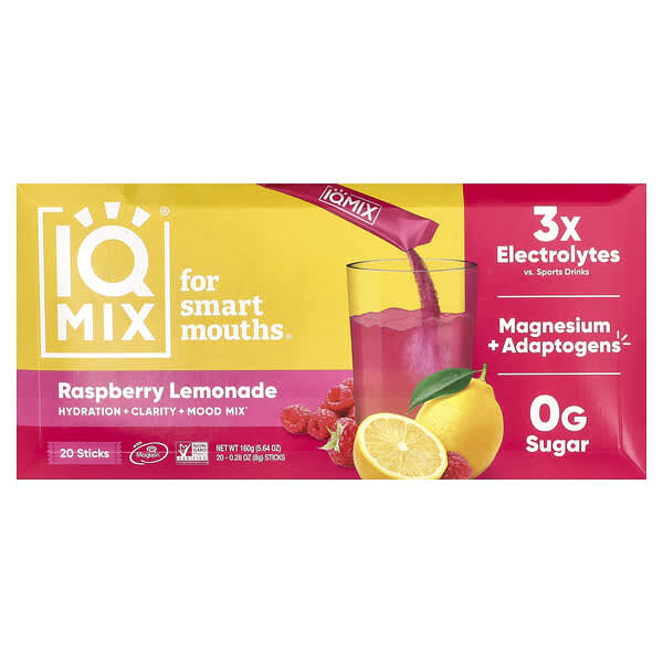 IQBAR IQMIX®, Hydration + Clarity + Mood Mix, Raspberry Lemonade, 20 Sticks, 0.28 oz (8 g) Each