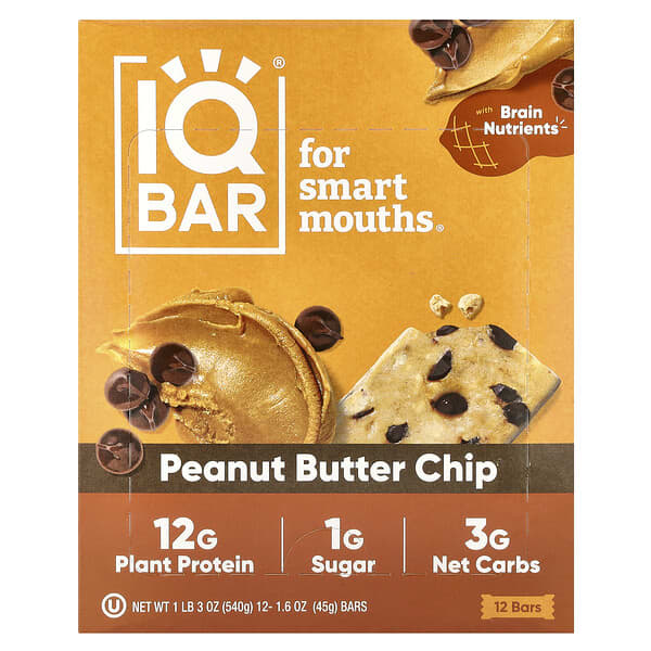 IQBAR Plant Protein Bar, Peanut Butter Chip, 12 Bars, 1.6 oz (45 g) Each