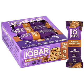 IQBAR, Barrita proteica de origen vegetal, Chips de mantequilla de almendras, 12 barritas, 45 g (1,6 oz) cada una